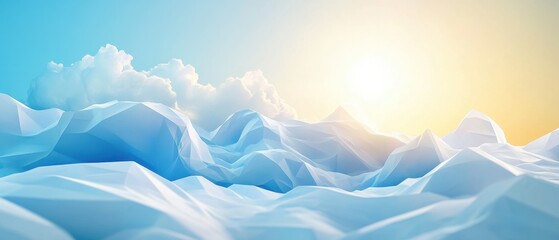 Low Poly Landscape of Snowy Mountains and Clouds at Sunrise Abstract 3D Rendered Scene in Pastel Colors with Soft Lighting and Geometric Shapes