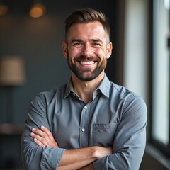 Obraz premium Cheerful businessman with beard, Confident young entrepreneur, Stylish professional in grey, Successful smiling man