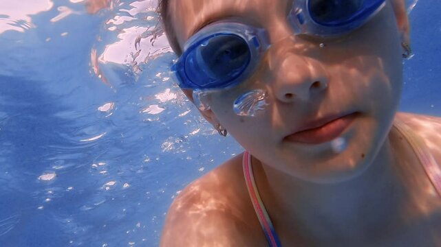 Underwater portrait capturing a young girl wearing swimming goggles and blowing bubbles, delighting in a refreshing swim in a vibrant blue pool on a sunlit day