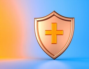 Obraz premium A golden shield with a yellow cross symbol stands against a blue and orange gradient background, representing protection and safety.