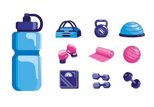 Purple And Pink Dumbbell Boxing Mat Fitness Equipment Icons Set