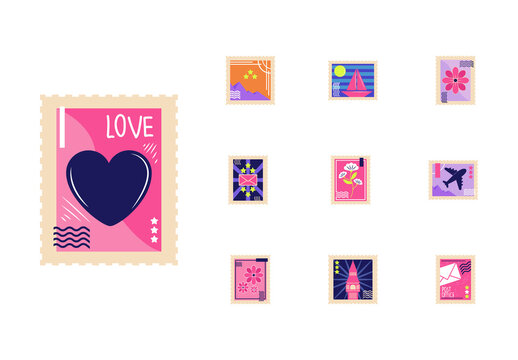 Pink And Purple Decorative Travel Mail Letter Stamp Icons Set