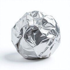 Crumpled aluminium foil ball, Isolated on white background, Shiny metallic texture surface, Detailed photorealistic lighting