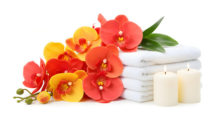 A bunch of red and yellow orchids with pink tips chill on the left, next to a neat stack of white towels with a green leaf on top