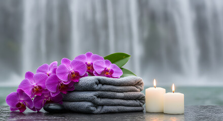 A bunch of purple orchids with pink tips chill on the left, next to a neat stack of grey towels sits on the rocky surface with waterfall background