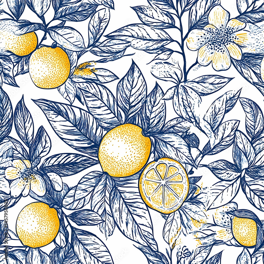 Poster repeating pattern of citrus fruits and botanical elements.