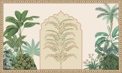 Mughal Invitation Card Design, Mughal garden Illustration, Mughal Wall Mural.