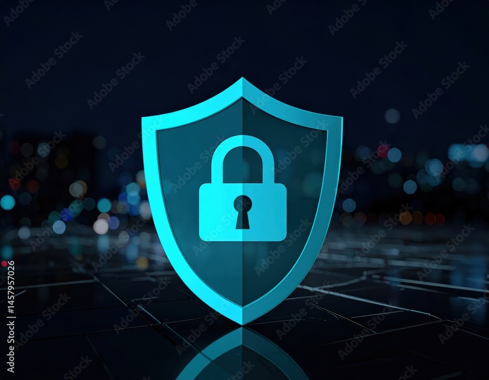 Poster a glowing shield with a padlock symbol represents digital security and data protection in a tech env