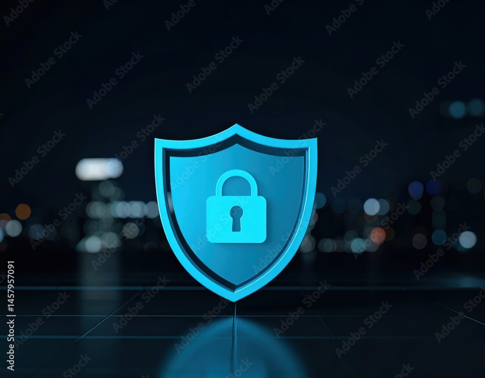 Poster a glowing shield with a padlock symbol represents cybersecurity and data protection on a dark, digit
