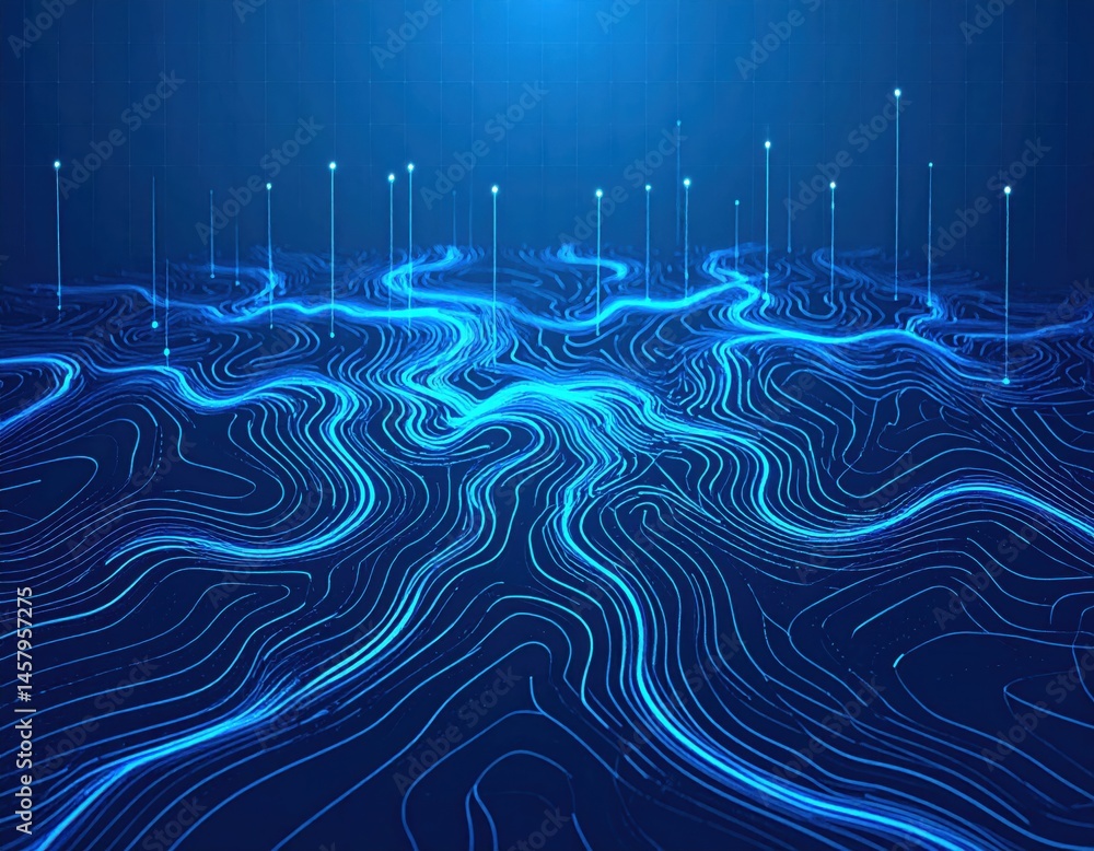 Poster a digital landscape with glowing blue lines and data points, representing technology, data flow, or 