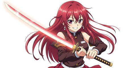 Crimson-Haired Anime Girl with Glowing Katana