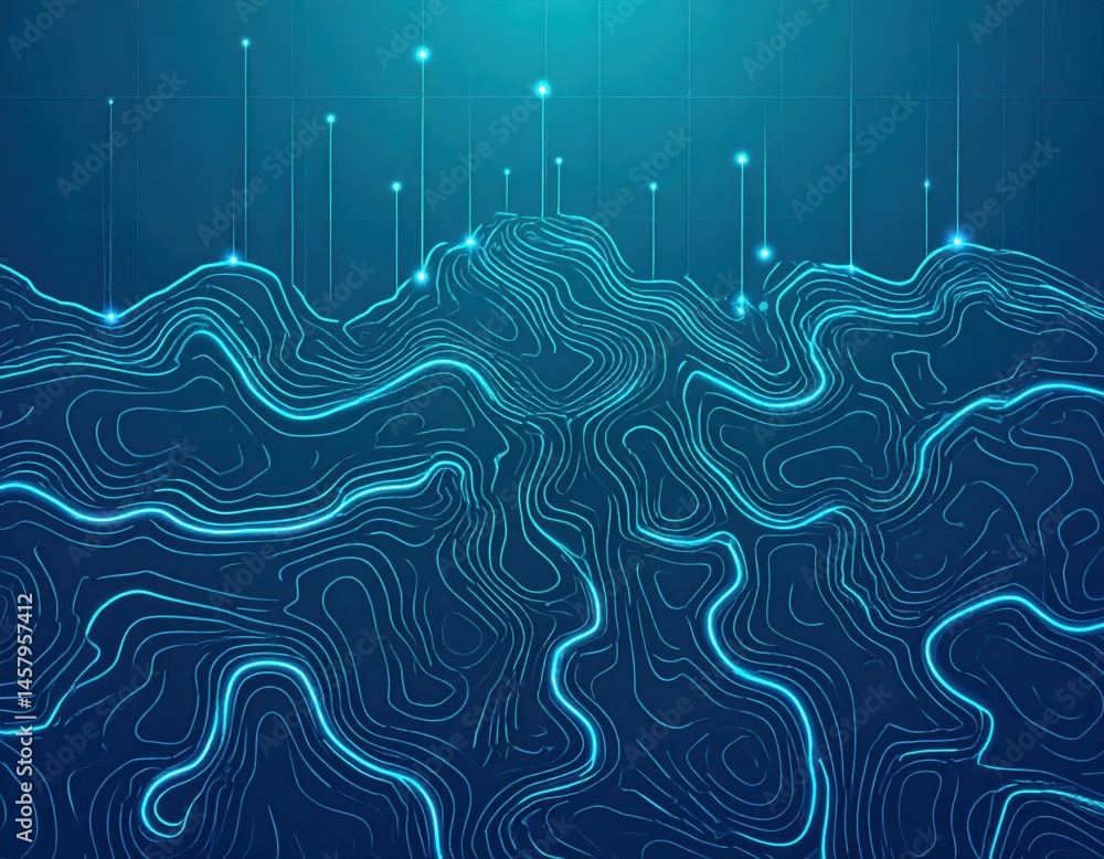 Poster abstract digital landscape with glowing blue contour lines and data points on a dark background, sug