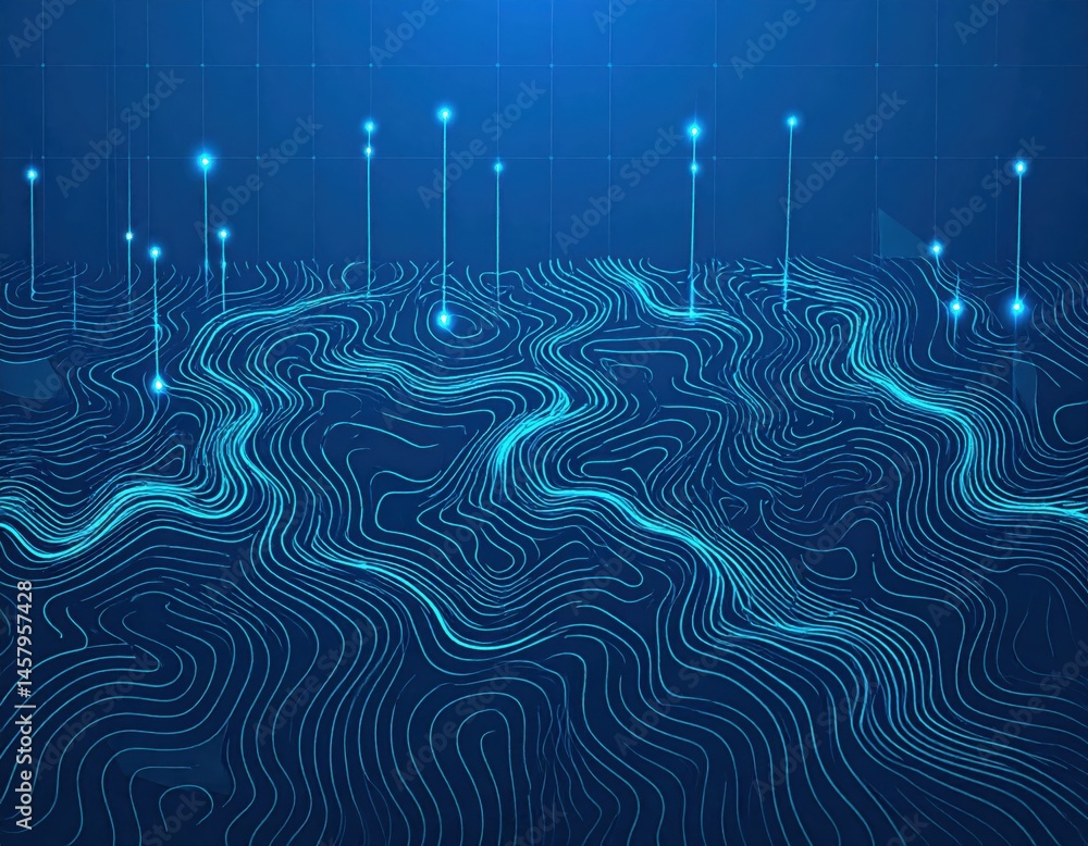 Poster a digital landscape with glowing lines and data points representing a futuristic or technological ne