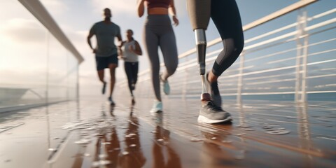 Diverse Inclusive Lifestyle Scenes Concept. A group of diverse athletes runs together on a wooden deck beside the water, showcasing determination and inclusion in fitness.