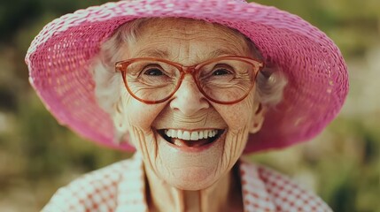 Diverse Inclusive Lifestyle Scenes Concept. A joyful elderly woman in a pink hat and glasses beams with happiness, showcasing her vibrant spirit in a sunny outdoor environment.