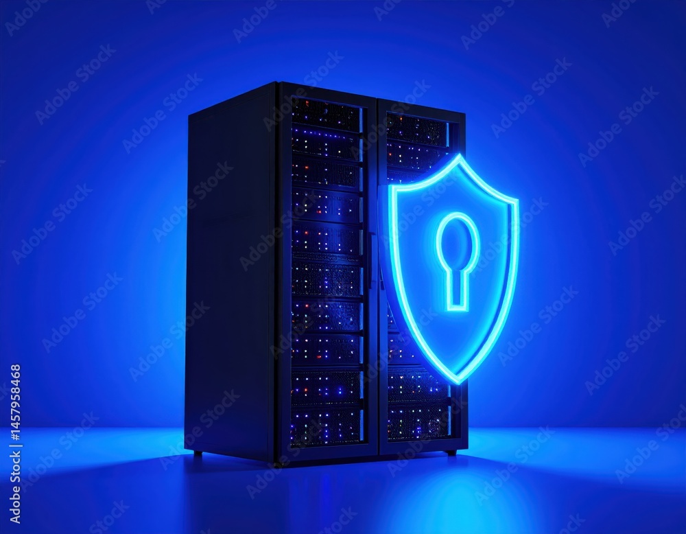 Poster a secure server with a glowing blue shield symbolizes data protection and cybersecurity in a digital