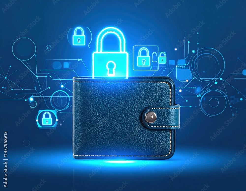 Poster a digital wallet with security icons and a glowing padlock, symbolizing safe online transactions and