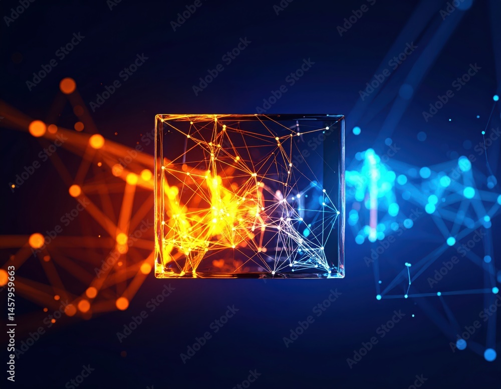 Aufkleber a glowing network of interconnected nodes and lines forms a vibrant cube, blending orange and blue l