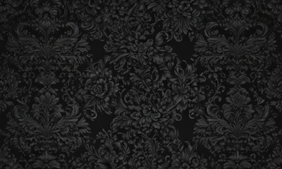 Seamless black damask; ornate floral & vine pattern , decor, monochrome