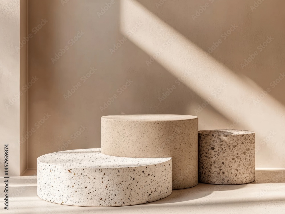 Poster three terrazzo podiums displaying product in studio with sunlight casting shadows on wall minimalist