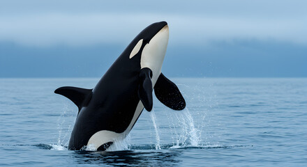 Obraz premium Killer Whale Leaping from Ocean Water with Splashes in Cloudy Background Black and White Pattern Beautiful Aquatic Animal in Natural Habitat