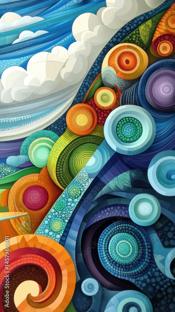 Poster abstract art painting of sky clouds and colorful circles with swirls and textures in a modern style
