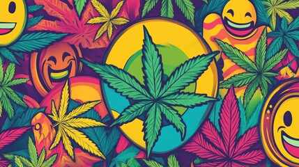Vibrant cannabis leaves and cheerful emoji faces in a colorful design