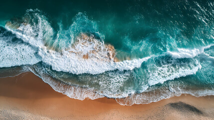 Aerial view of sandy beach and ocean with waves