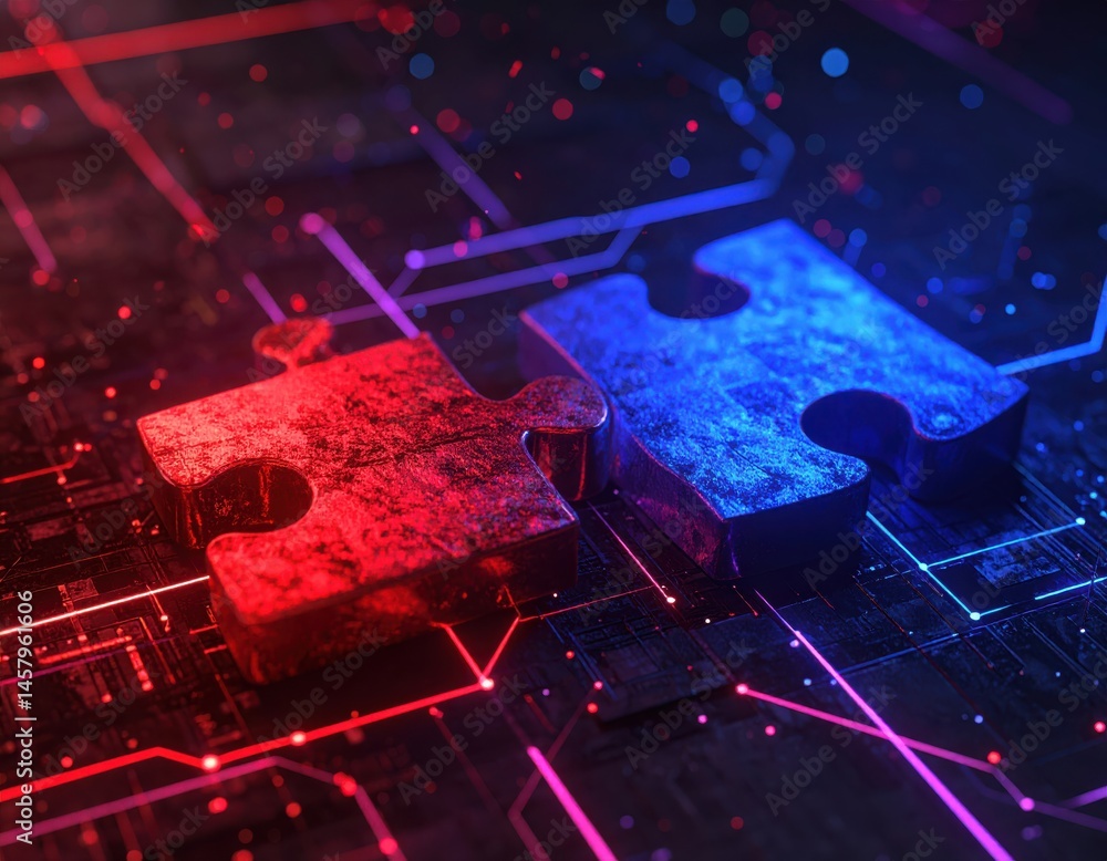 Poster two glowing red and blue puzzle pieces connect on a digital circuit background, symbolizing technolo