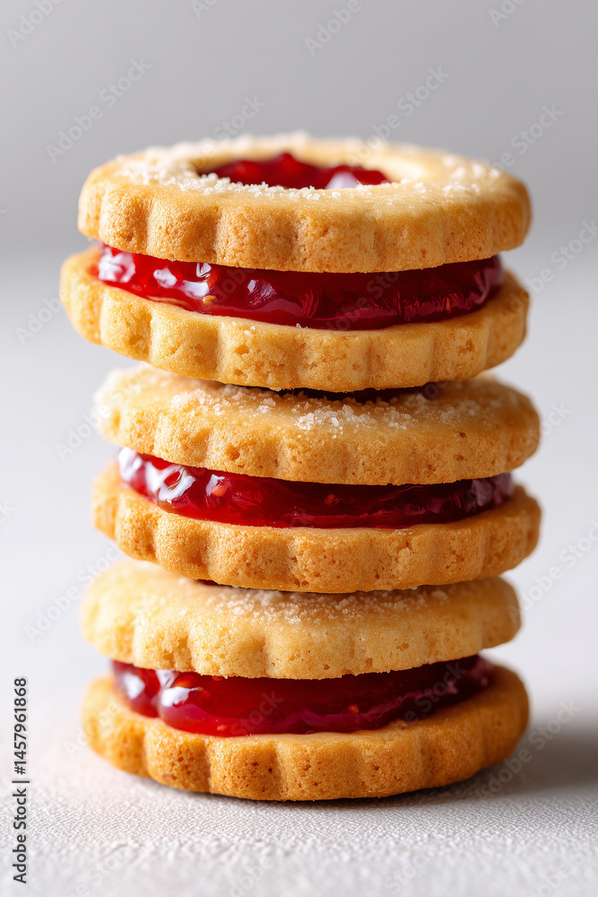 Poster stacked linzer cookies featuring vibrant jam center create a warm and inviting display. clean seamle