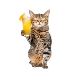 Obraz premium Cat holding cocktail, full body standing isolate on white background,