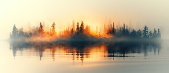 Fototapeta premium Misty sunrise over tranquil lake, trees reflected, peaceful morning scene