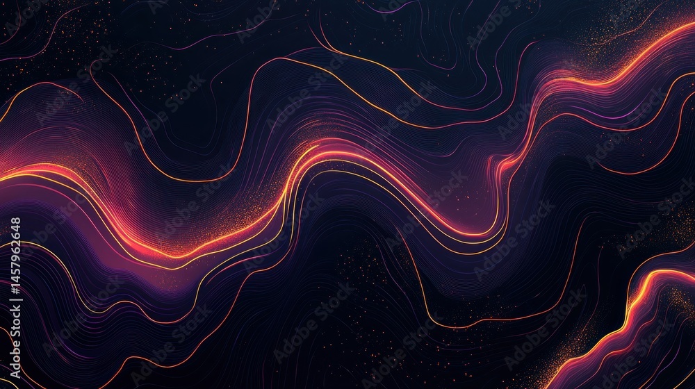 Poster abstract glowing lines and particle waves background with dynamic flow