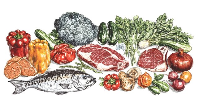 Hand-drawn illustration of various fresh food items.