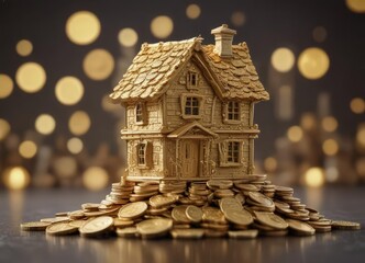Miniature house atop gold coins symbolizing home loan ,  rent,  banking,  money