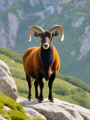 Naklejka premium Moufflon male on the rock. Latin name - Ovis aries orientalis