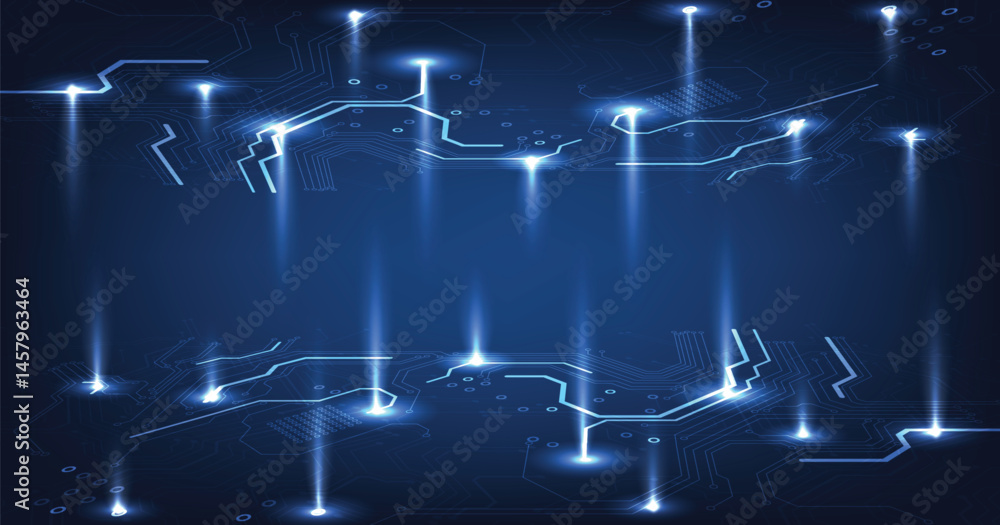 Poster Circuit board blue technology background.Vector abstract technology illustration Circuit board on dark blue background.High-tech circuit board connection system concept.	