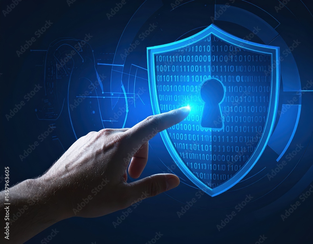 Poster a hand touches a digital shield with a keyhole symbol, representing cybersecurity and data protectio