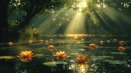 Serene Lotus Pond at Dawn, A Tranquil Scene of Nature's Beauty