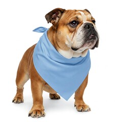 Obraz premium A brown bulldog wearing a light blue bandana stands alertly against a white background.