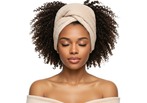 Smiling Woman with Wrapped Hair Portrait Happy Casual Pampered Look