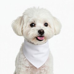 Obraz premium Adorable white fluffy dog wearing a white bandana, sitting against a plain white background.