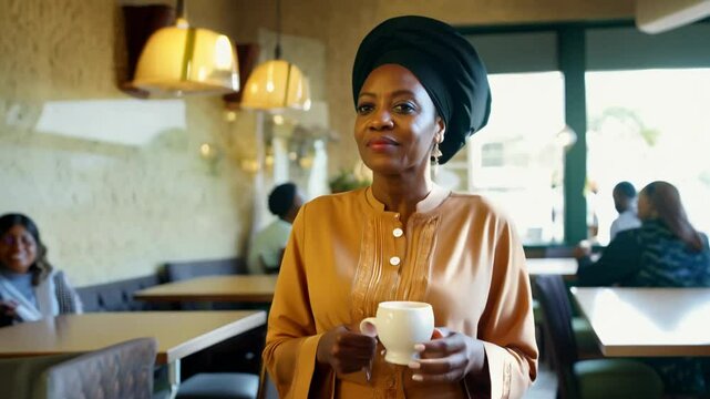 Nigerian woman in iro and buba walks confidently, facing the camera, in a cozy cafe, dolly zoom out, soft light