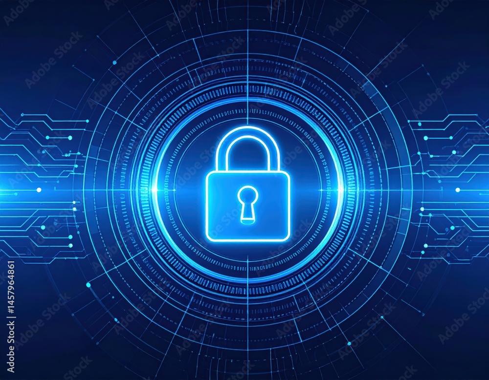 Poster a glowing digital padlock symbolizes cybersecurity and data protection on a futuristic tech backgrou