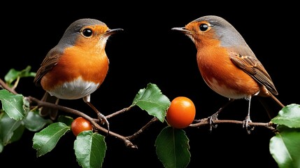 Close-up of Two Robins on Branch with Fruits Against Black Background
