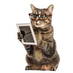 cat wearing glasses and tie using tablet, full body standing isolate on white background