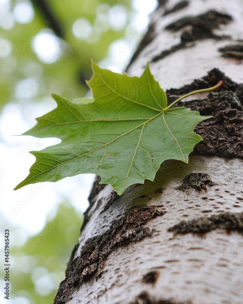 Poster fresh green maple leaf resting on textured birch tree trunk in forest setting low angle perspective 
