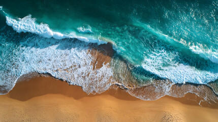 Aerial view of sandy beach and ocean with waves
