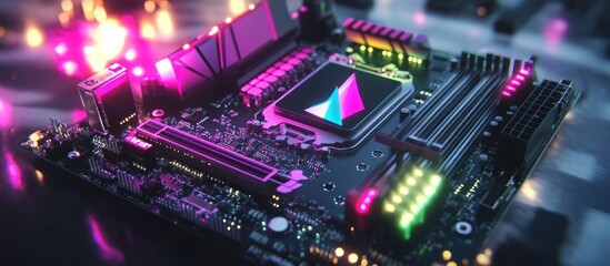 Fototapeta premium High-Tech Motherboard with Neon Lights and Reflections for Gaming PC