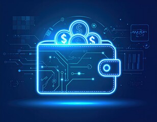 Futuristic digital wallet illustration with dollar coins, circuit patterns, and technology elements on a blue background.